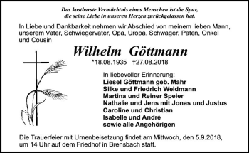 Traueranzeige von Wilhelm Göttmann von vrm-trauer