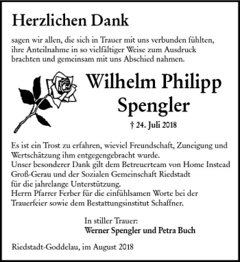 Traueranzeige von Wilhelm Philipp Spengler von vrm-trauer