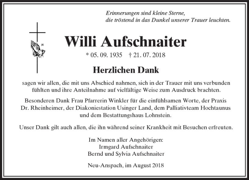  Traueranzeige für Willi Aufschnaiter vom 18.08.2018 aus  Usinger Anzeiger