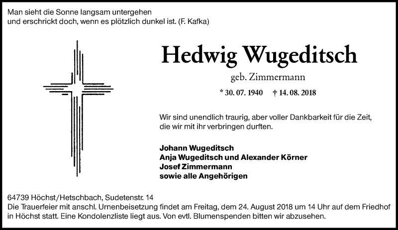  Traueranzeige für Hedwig Wugeditsch vom 24.08.2018 aus vrm-trauer