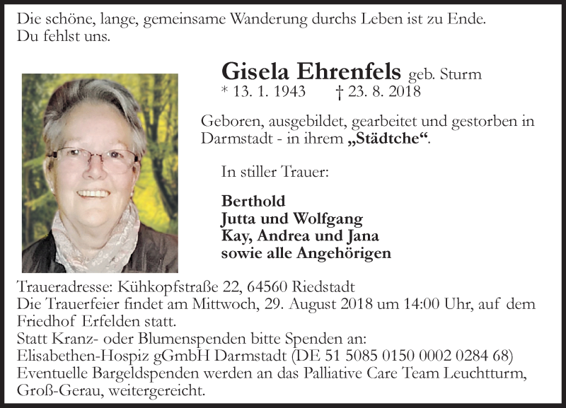  Traueranzeige für Gisela Ehrenfels vom 28.08.2018 aus vrm-trauer