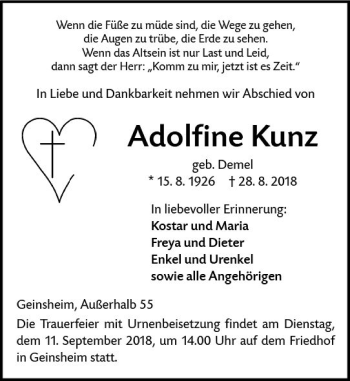 Traueranzeige von Adolfine Kunz von vrm-trauer