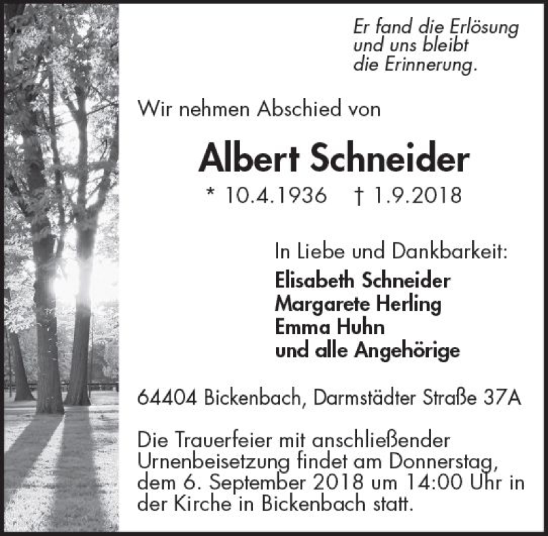  Traueranzeige für Albert Schneider vom 04.09.2018 aus vrm-trauer