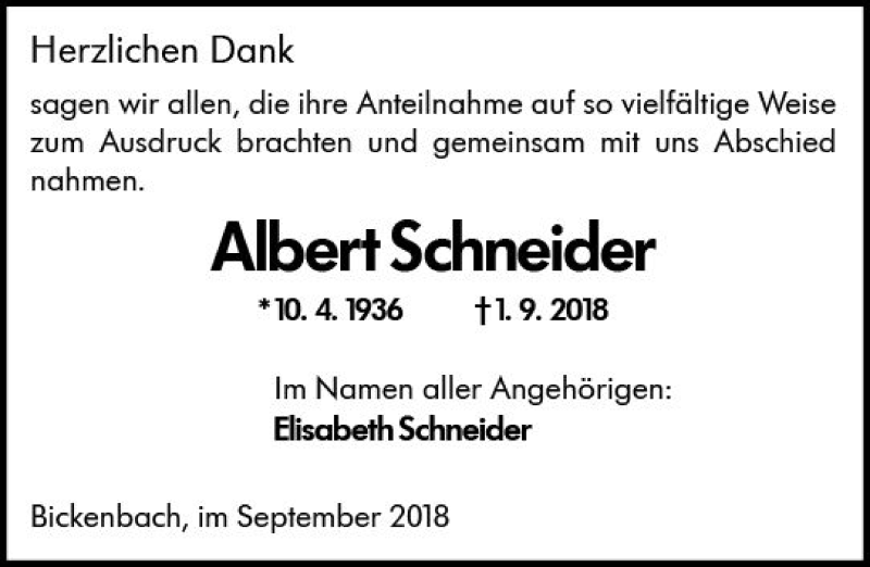  Traueranzeige für Albert Schneider vom 15.09.2018 aus vrm-trauer