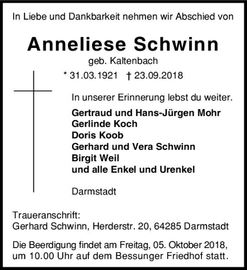  Traueranzeige für Anneliese Schwinn vom 29.09.2018 aus vrm-trauer
