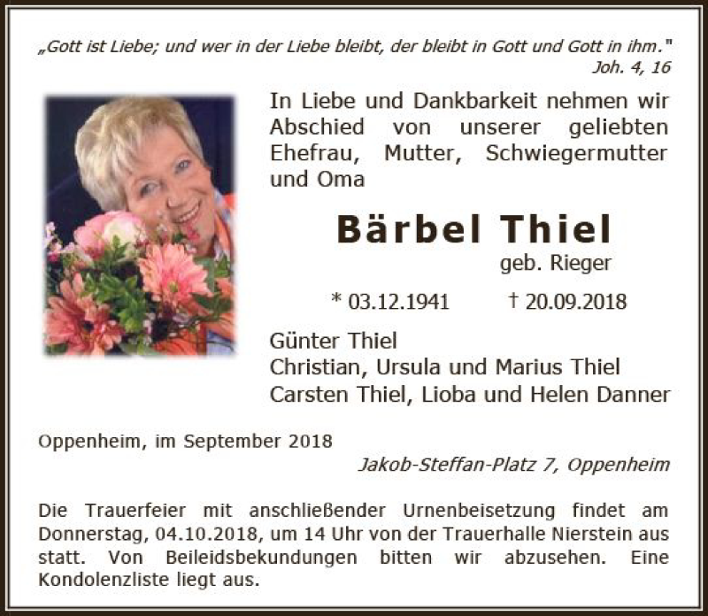  Traueranzeige für Bärbel Thiel vom 29.09.2018 aus vrm-trauer