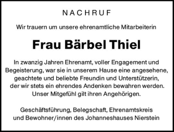 Traueranzeige von Bärbel Thiel von vrm-trauer