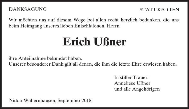  Traueranzeige für Erich Ußner vom 08.09.2018 aus  Kreisanzeiger