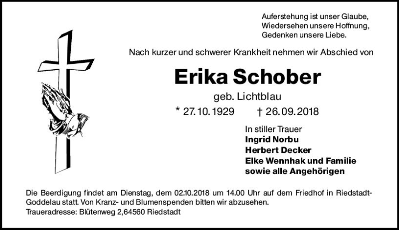  Traueranzeige für Erika Schober vom 29.09.2018 aus vrm-trauer