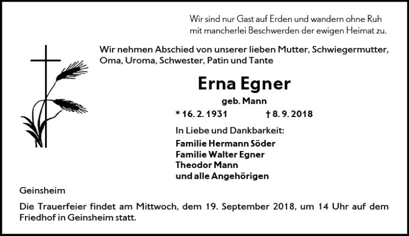  Traueranzeige für Erna Egner vom 17.09.2018 aus vrm-trauer
