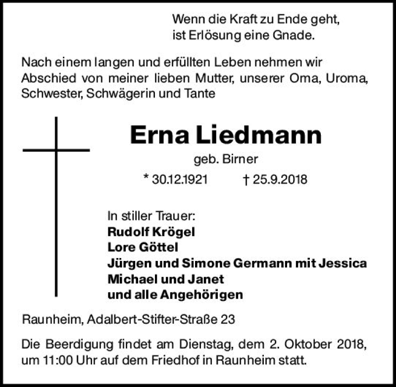  Traueranzeige für Erna Liedmann vom 29.09.2018 aus vrm-trauer