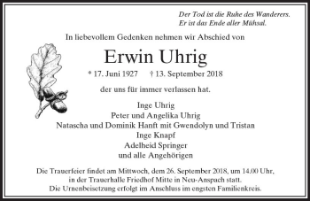 Traueranzeige von Erwin Uhrig von  Usinger Anzeiger