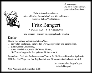 Traueranzeige von Fritz Bangert von  Usinger Anzeiger