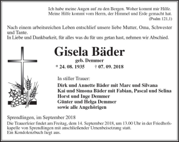 Traueranzeige von Gisela Bäder von vrm-trauer