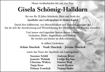 Traueranzeige von Gisela Schömig-Halldorn von vrm-trauer