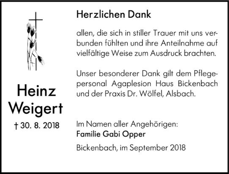  Traueranzeige für Heinz Weigert vom 29.09.2018 aus vrm-trauer