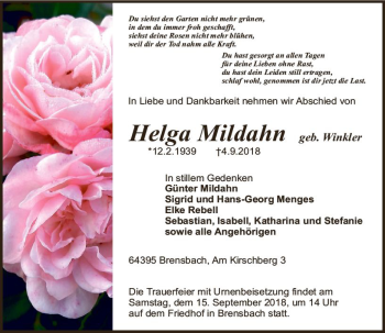 Traueranzeige von Helga Mildahn von vrm-trauer