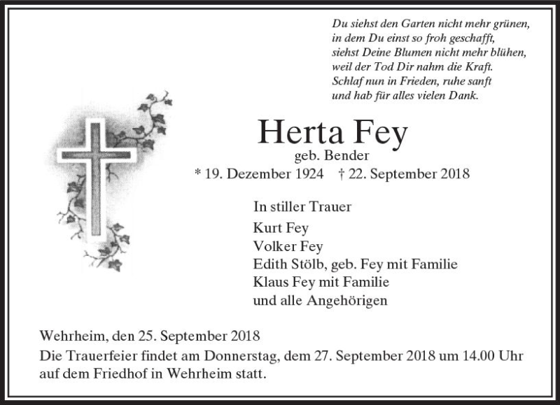 Traueranzeige für Herta Fey vom 25.09.2018 aus  Usinger Anzeiger