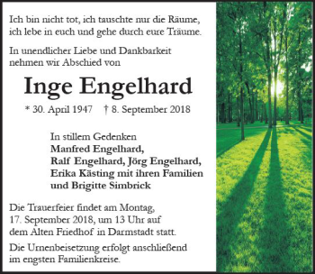 Traueranzeige von Inge Engelhard von vrm-trauer