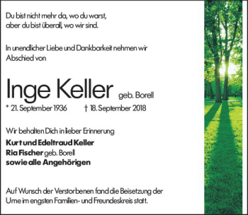 Traueranzeige von Inge Keller von vrm-trauer