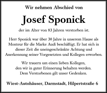Traueranzeige von Josef Sponick von vrm-trauer