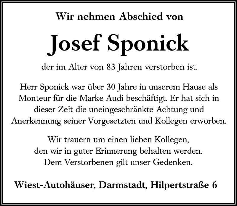  Traueranzeige für Josef Sponick vom 19.09.2018 aus vrm-trauer