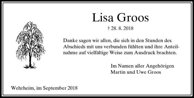  Traueranzeige für Lisa Groos vom 29.09.2018 aus  Usinger Anzeiger