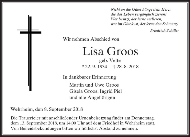  Traueranzeige für Lisa Groos vom 08.09.2018 aus  Usinger Anzeiger