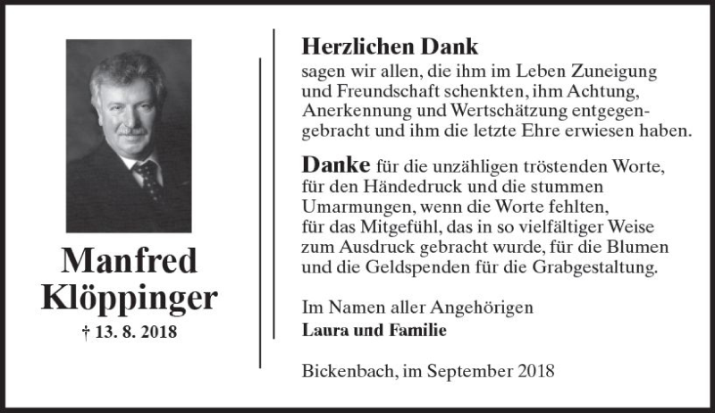  Traueranzeige für Manfred Klöppinger vom 15.09.2018 aus vrm-trauer