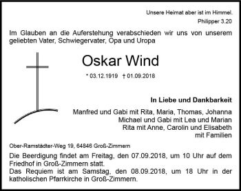 Traueranzeige von Oskar Wind von vrm-trauer