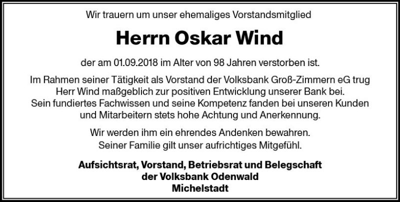  Traueranzeige für Oskar Wind vom 07.09.2018 aus vrm-trauer