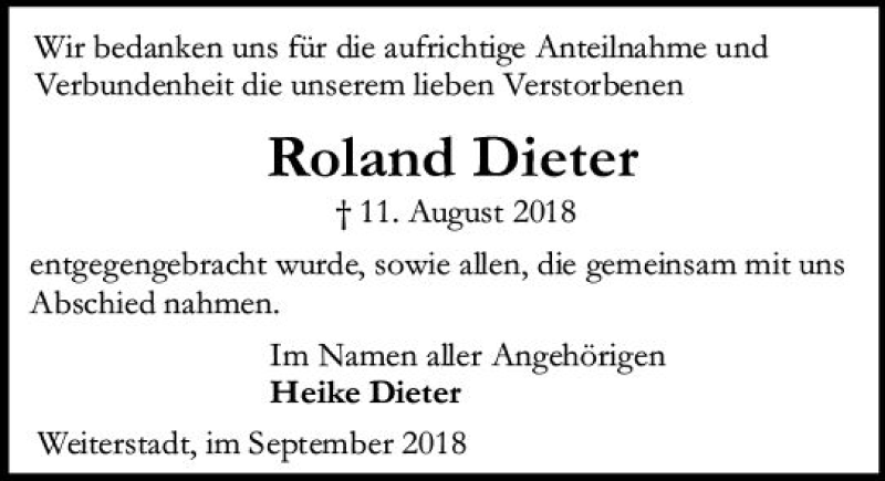  Traueranzeige für Roland Dieter vom 08.09.2018 aus vrm-trauer