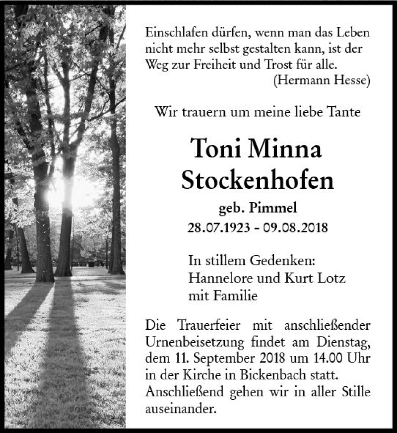  Traueranzeige für Toni Minna Stockenhofen vom 08.09.2018 aus vrm-trauer