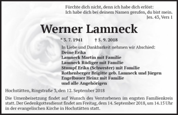 Traueranzeige von Werner Lamneck von vrm-trauer