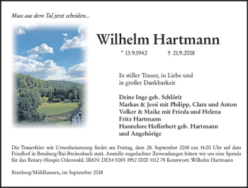 Traueranzeige von Wilhelm Hartmann von vrm-trauer