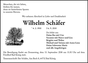 Traueranzeige von Wilhelm Schäfer von vrm-trauer