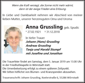 Traueranzeige von Anna Grussling von vrm-trauer