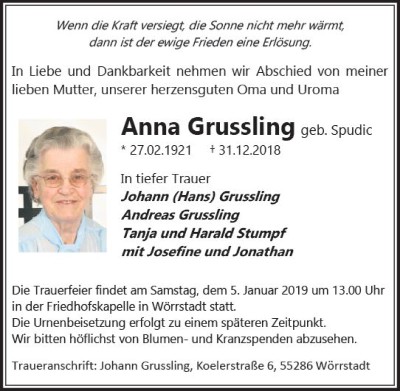  Traueranzeige für Anna Grussling vom 03.01.2019 aus vrm-trauer