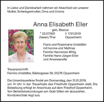 Traueranzeige von Anna Elisabeth Eller von vrm-trauer