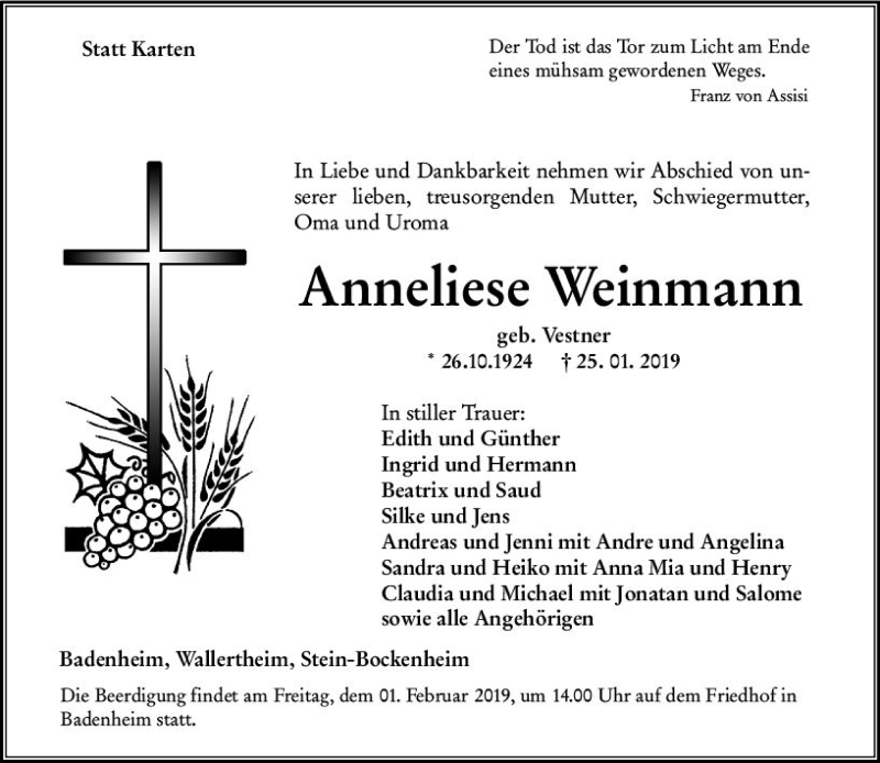  Traueranzeige für Anneliese Weinmann vom 30.01.2019 aus vrm-trauer