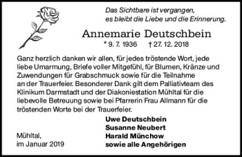 Traueranzeige von Annemarie Deutschbein von vrm-trauer