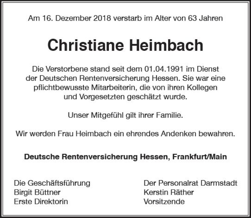  Traueranzeige für Christiane Heimbach vom 12.01.2019 aus vrm-trauer