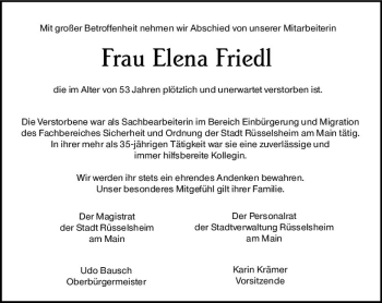 Traueranzeige von Elena Friedl von vrm-trauer