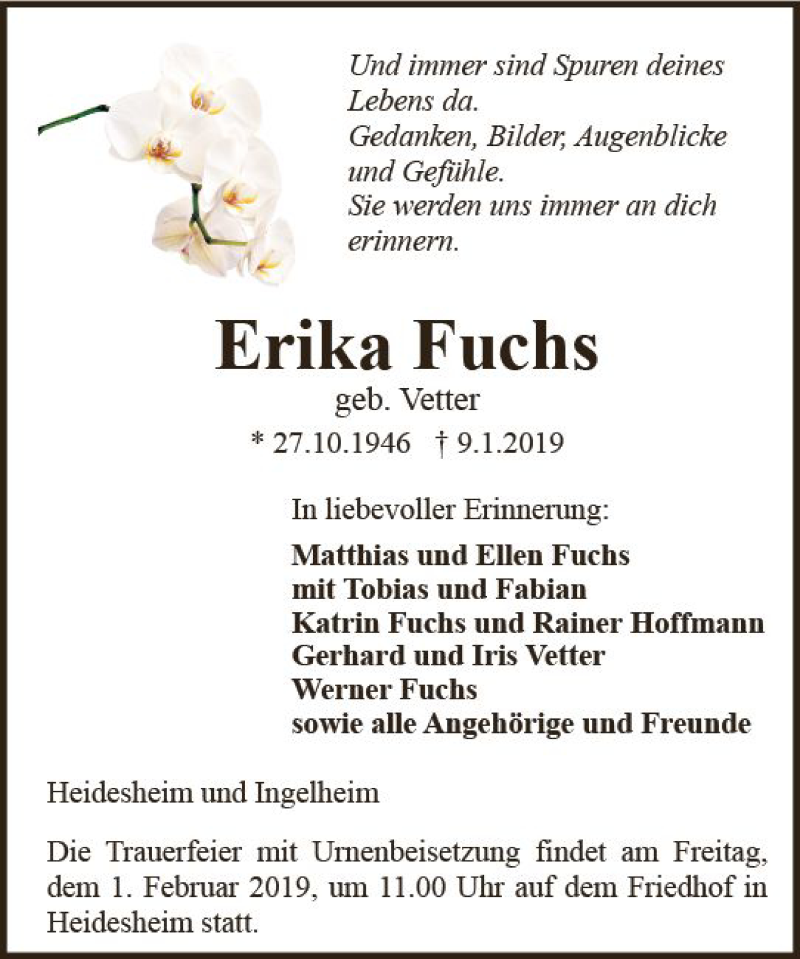  Traueranzeige für Erika Fuchs vom 19.01.2019 aus vrm-trauer