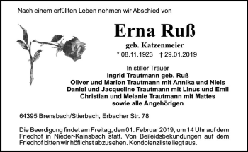 Traueranzeige von Erna Ruß von vrm-trauer