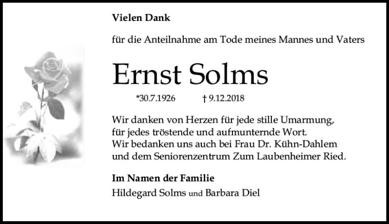  Traueranzeige für Ernst Solms vom 12.01.2019 aus vrm-trauer