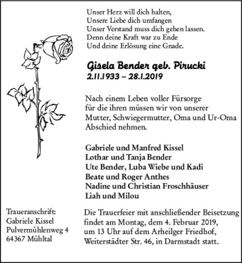 Traueranzeige von Gisela Bender von vrm-trauer