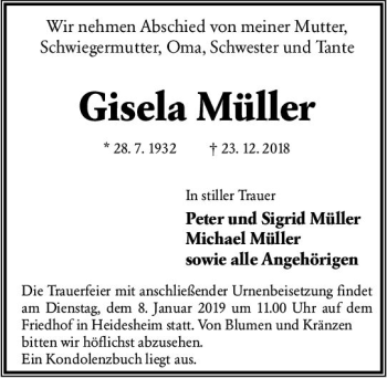 Traueranzeige von Gisela Müller von vrm-trauer