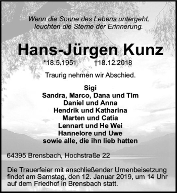 Traueranzeige von Hans-Jürgen Kunz von vrm-trauer