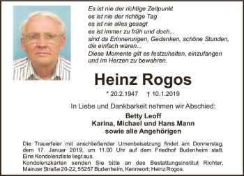 Traueranzeige von Heinz Rogos von vrm-trauer
